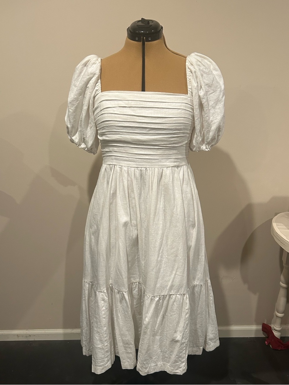 Abercrombie & Fitch White Puff Sleeve Square-Neck Midi Dress
